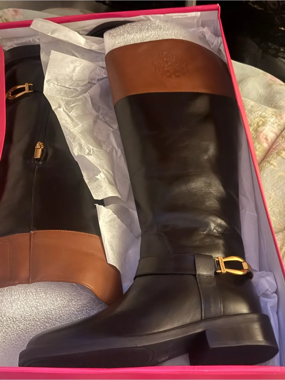 Vince Camuto Black Leather Knee High Boots with Brown Cuff gold hardware